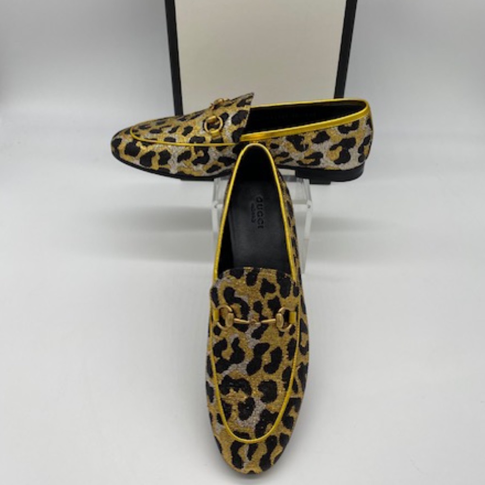 Gucci Jacquard Leopard Print Horsebit~Nappa Silk Jordaan Ladies Loafers~SZ 38~